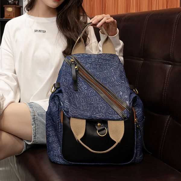 

Simplicity ladies shoulder bags 2 colors everyday Joker light casual rucksack college style personality letters fashion handbag large capacity denim bag, Blue