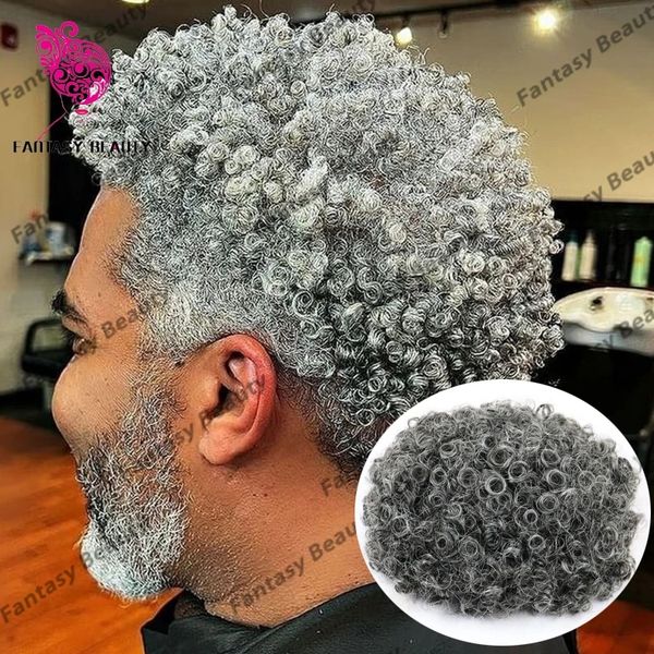 

afo men toupee gray curly human hair wigs replacement capillary prosthesis vlooped thin skin base natural hairline 15mm curly, Black