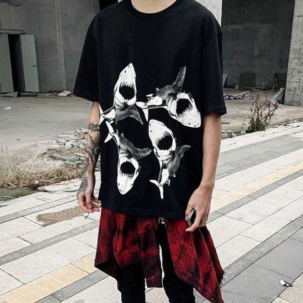 

american fashion short sleeve tshirt hip hop shark print pullover tee men women oversize sweatshirt designer t shirt cotton top, White;black