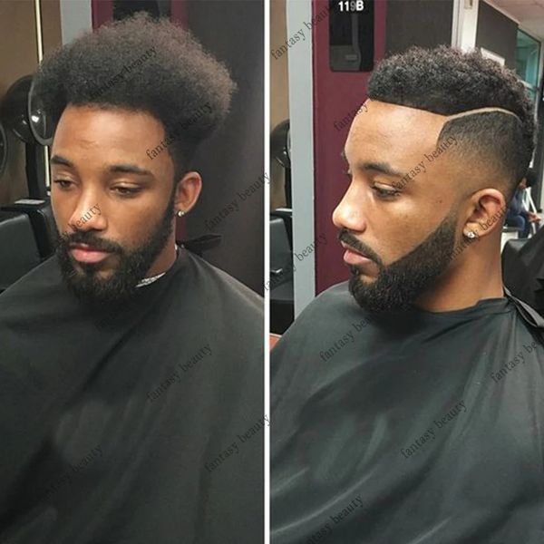 

afro kinky curly toupees black men injected pu full poly mens hairpiece 100% brazilian human hair replacement systems afro wave