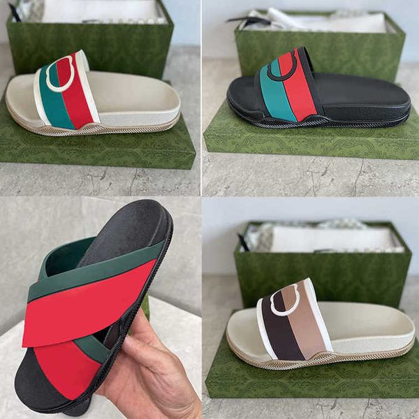 

designer womens striped rubber slides interlocking platform shoe luxury flat beach slippers bathroom home sandals flip flops 35-46 with box, Black