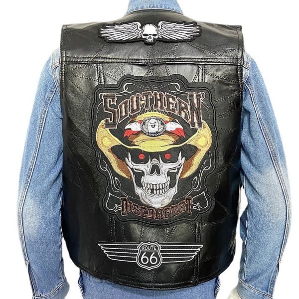 

men's vests motorcycle leather vest fashion embroidered sleeveless jacket locomotive biker street punk for veste 230404, Black;white
