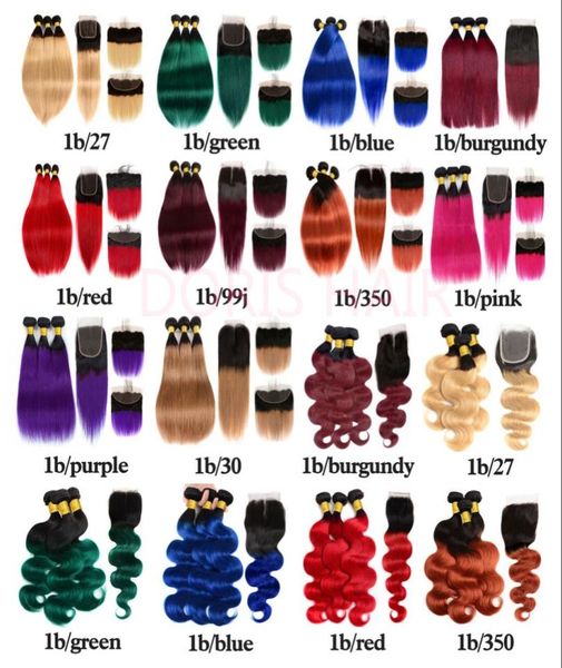 

precolored remy human hair 3 bundles with closure 1b27 t1b99j body wave hair weaves 13x4 frontal closure t1b30 t1bbug8957440, Black;brown