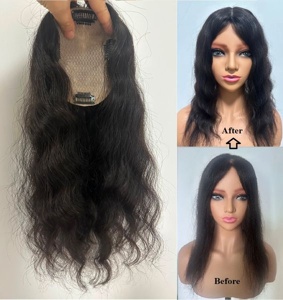 

skin base 100% virgin human hair er for women silk toupee wavy hair piece wiglet, part closure, one-length. 4"x5" base size., Black;brown