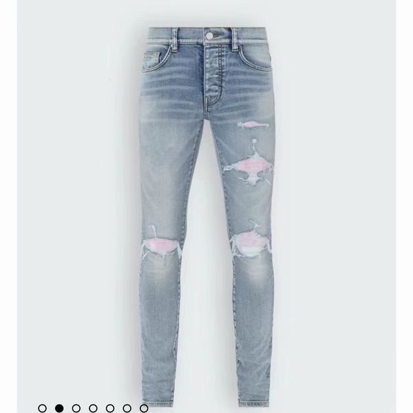 

mens jeans high street fashion brand blue letter pink embroidered patch slim men 230404