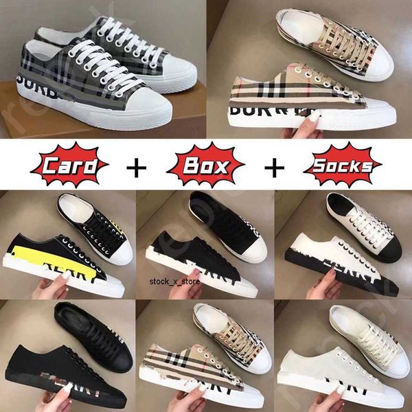

2023 burbrerys vintage shoe casual shoes men flats print check sneakers two-tone printed cotton lettering plaid calfskin canvas trainers bio, Black
