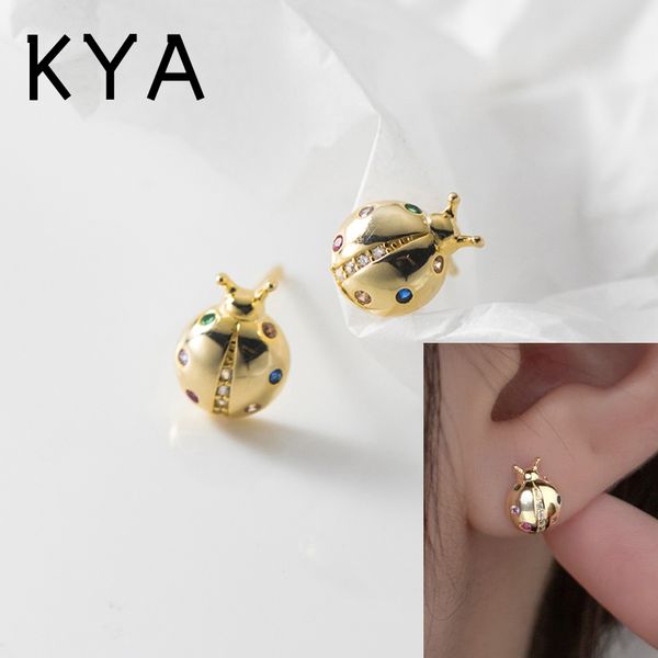 

925 sterling silver stud cute seven-star ladybug colored zircon stud earrings for women fashion statement gold party jewelry, Golden;silver