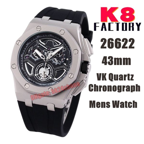 

k8 factory watches k8f 43mm 26622 vk quartz chronograph mens watch skeleton dial rubber strap gents wristwatches, Slivery;brown
