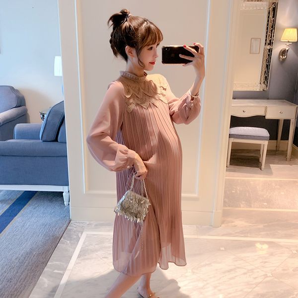 

maternity dresses 9310# autumn korean fashion pleated chiffon pregnant women's long dress loose straight fit pregnant women's clot, White