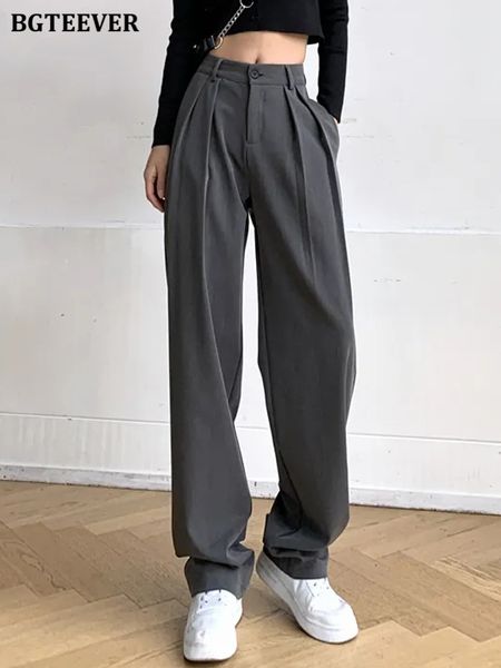 

women's shorts bgteever chic long ladies suit pants high waist button women wide leg trousers spring summer pantalon femme 230404, White;black