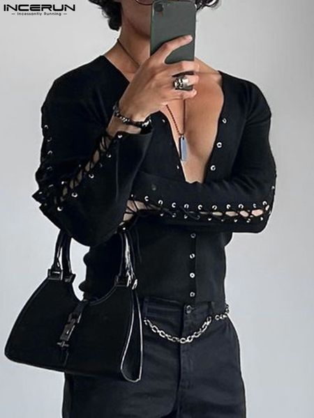 

men's casual shirts 2023 fashion shirt v neck long sleeve lace up solid color streetwear crop button camisas s 5xl incerun 230403, White;black