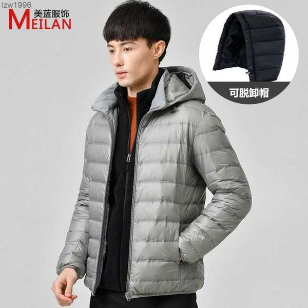 

& parkas detachable hat, light jacket, men's short style, 2023 new white duck down, thin autumn winter coat, cold and warm protection, Black