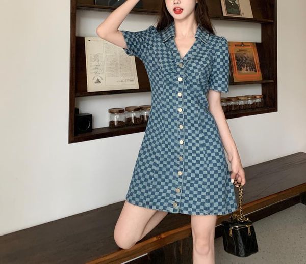 

new fashion women's casual dresses turn down collar short sleeve print a-line denim jeans short dress plus size smlxl, Black;gray