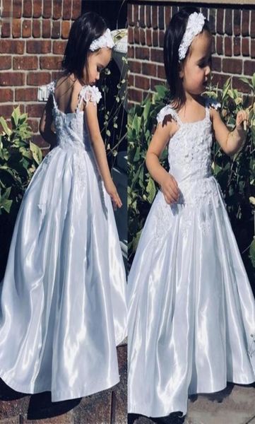 

2020 lovely satin white flower girls dresses with spaghetti strap lace appliques pleat skirt toddler communion dress spring kids p3484147, White;blue