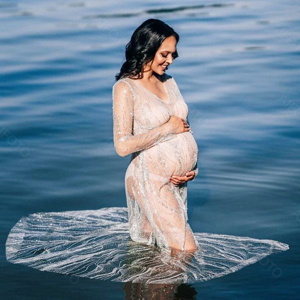 

maternity dresses bohemian lace maternity wear for po shoots sparkling full sleeved clothing po shoots baby shower suits po shoots 230404, White