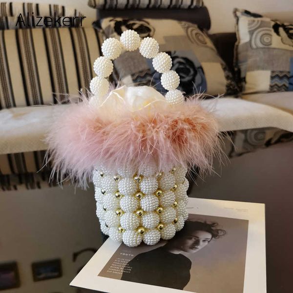 

evening bag faux fur large pearl bucket handbag women new elegant hand woven b