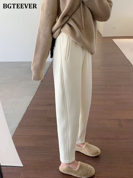 

women's shorts bgteever casual thicken velvet harem pant elastic high waist pockets female trousers winter warm women pants 230404, White;black