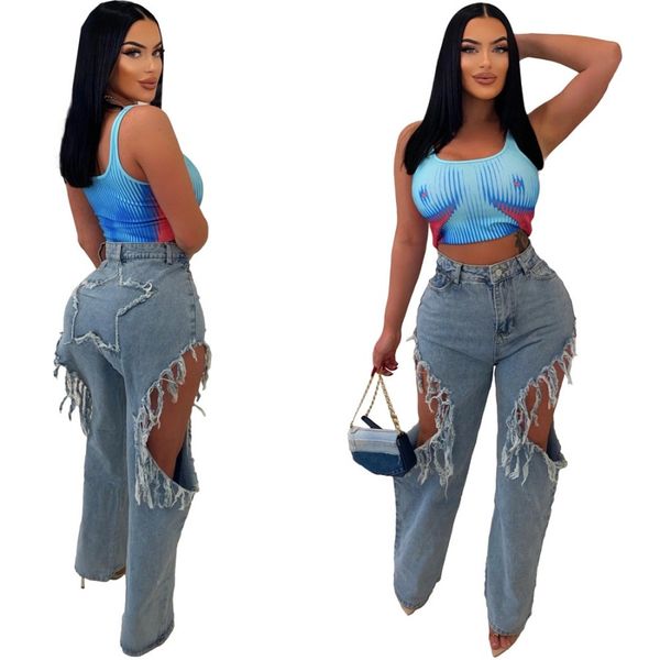 

wholesale hole straight jeans designer womens loose denim pants 2023 casual wide leg baggy pants tassel streetwear y2k jeans 9646, Blue