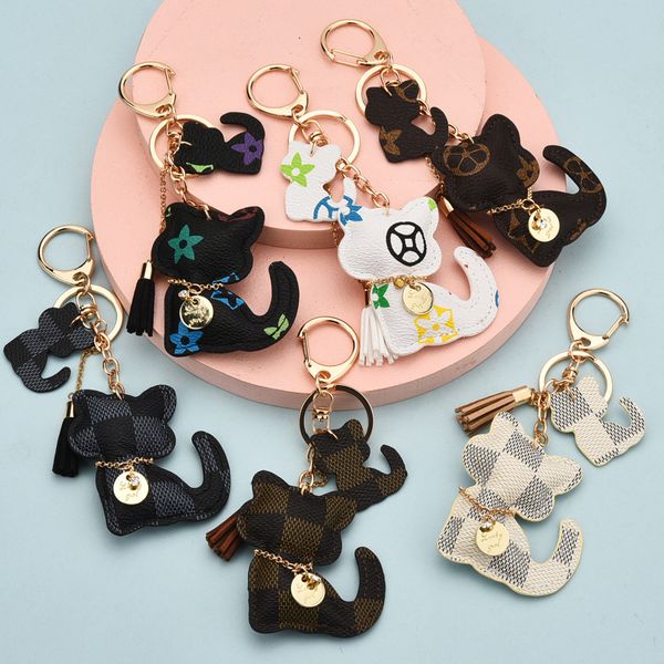 

luxury plaid cat keychain classic exquisite designer leather car keyring zinc alloy lanyard gift jewelry accessories high quality, Silver