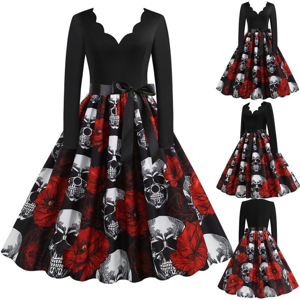 

theme costume skull printed halloween women's long sleeve 1950s housewives evening party prom dresses elegant horror role playing 23040, Black;red
