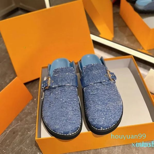 

2023 denim cosy flat comfort clogs slippers relaxed summery look half mules women designer slide sandals, Black