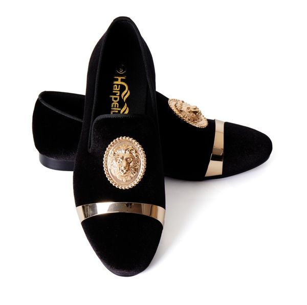 

harpelunde animal buckle men dress wedding shoes slip on black velvet loafers with gold plate us size 6149506191