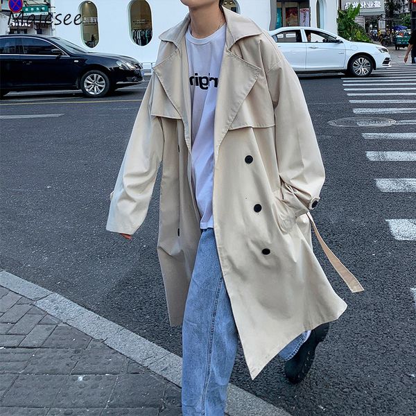 

men's trench coats men over knees classic double breasted england style handsome belt windbreaker male couples casual overcoat 230404, Tan;black