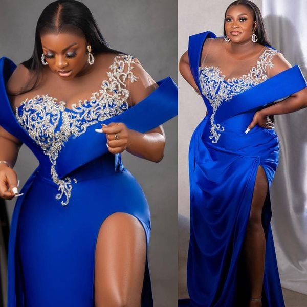 

2023 arabic aso ebi royal blue prom dress lace satin evening formal party second reception birthday engagement gowns dresses robe de soiree, Black