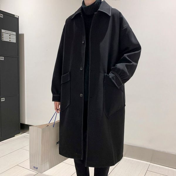 

men's trench coats autumn black fashion casual long men streetwear korean loose oversize windbreaker jacket mens overcoat 230404, Tan;black