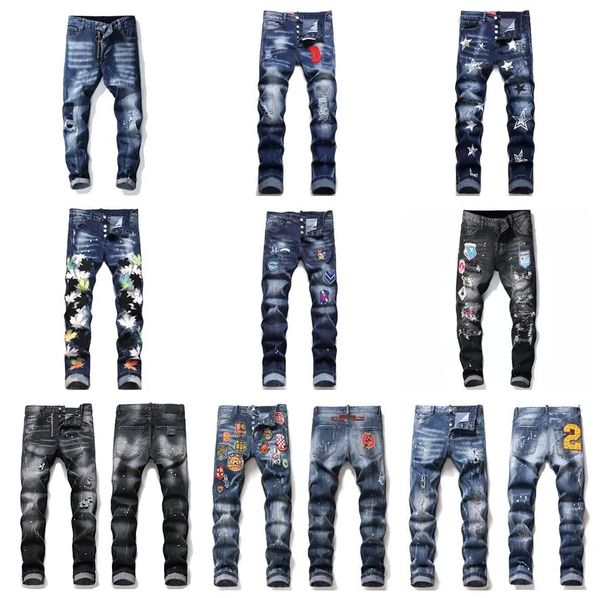 

purple jeans designer mens jeans pants men badge rips stretch black jean fashion slim fit washed motocycle uomo denim pants hip hop trousers, Blue