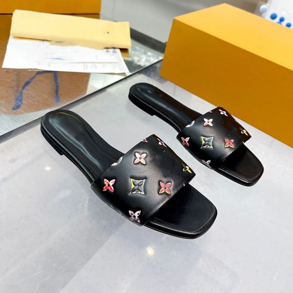 

designer slippers revival mule embossed lambskin leather flat shoes women slides sandals summer flip flops 06, Black