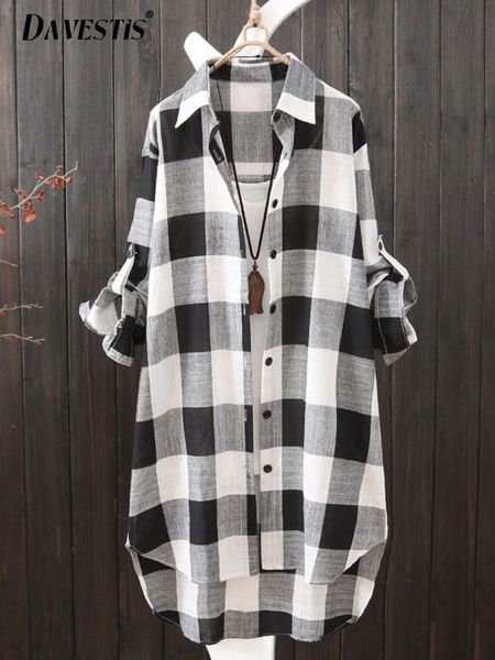 

women's blouses shirts plaid midi 2023 spring summer fashion color matching loose and casual long sleeve 230404, White