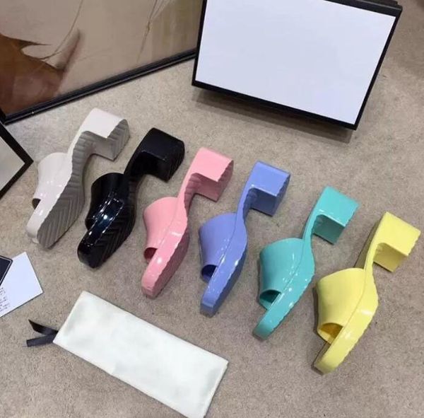 

casual shoes 2022 women high heels slippers candy colors rubber solid jelly sandals summer beach slides flip flops slipper with dust bag, Black