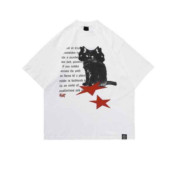 

men streetwear hip hop t shirt animal cats letter graphic t shirt oversized harajuku 2023 loose tshirt cotton tee hipster, White;black
