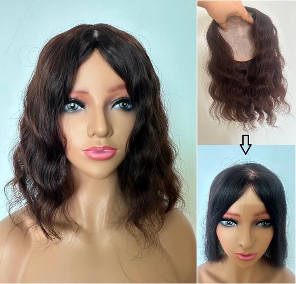 

wavy virgin human hair er toupee for women,5.5"x6" silk to edge brown black hairpiece, one length, 12", new fashion fluffy, Black;brown