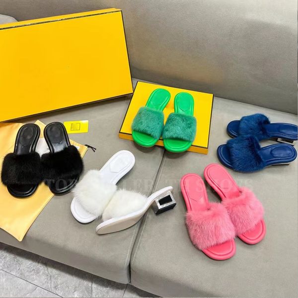 

designer sandals pink mink slides women metal heels baguette sandal summer fur slide 4.5cm chunky med heel slipper, Black