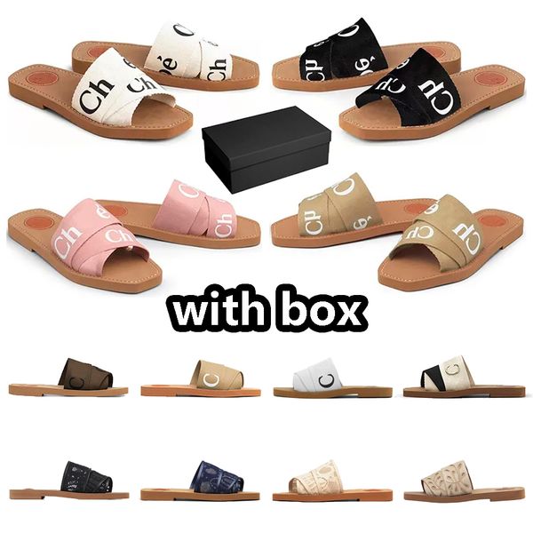 

designer woody sandals with box women mules flat slides light tan beige white black dark brown pink lace lettering fabric canvas slippers wo