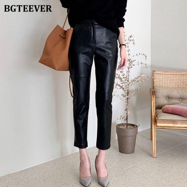 

women's shorts bgteever miidi waist spliced loose leather pant autumn solid zipper pu trouser straight pants female 230404, White;black