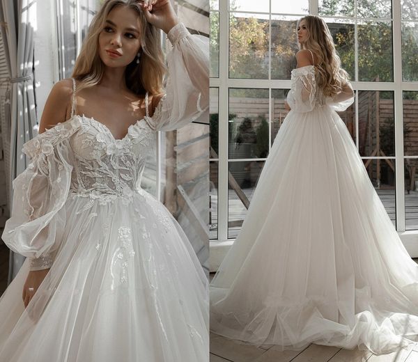 

new arrival glitter wedding dress 2023 removable puffy long sleeve flowers appliques lace tulle bohemian bridal gowns vestido de noiva, White