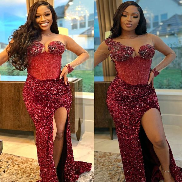 

2023 arabic aso ebi burgundy sheath prom dress beaded crystals sparkly evening formal party second reception birthday engagement gowns dress, Black