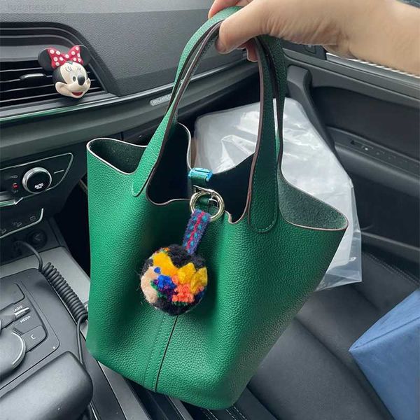 

designer luxury bag color matching vegetable basket leather bucket lychee grain layer cowhide simple and versatile portable women's bag