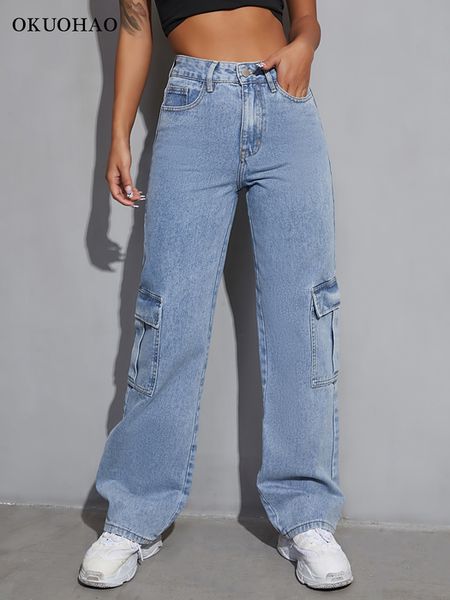 

women's jeans okuohao women's high waist flap pocket side pocket jeans relaxed fit casual straight stretch wide leg cargo jeans lo, Blue