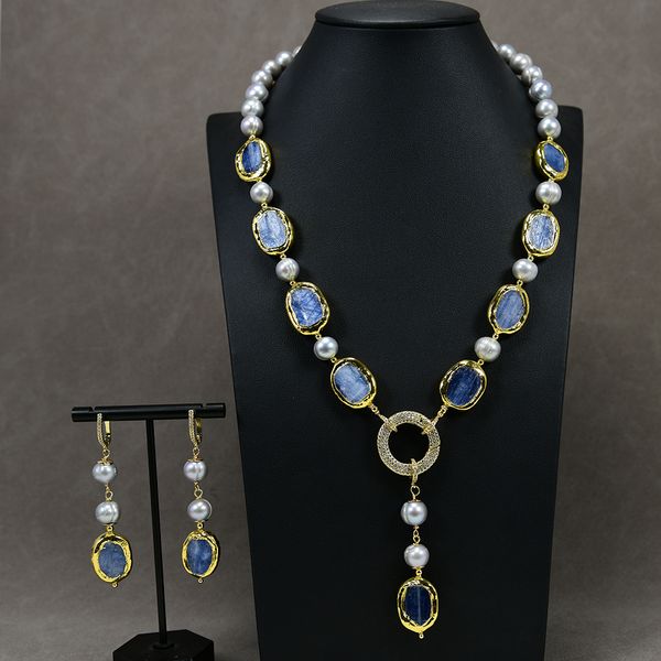 

jewelry sets freshwater cultured gray potato pearl blue kyanite pendant necklace earrings sets simple women gifts, Silver