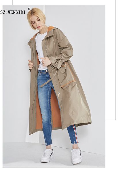 

women's trench coats woman drawstring windbreaker coat contrast large pocket hooded outerwear casual springautumn long coat women 2023, Tan;black
