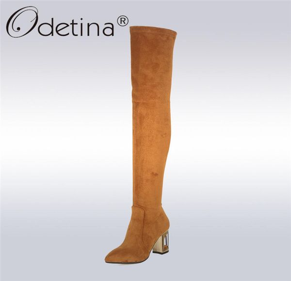 

odetina 2020 new fashion genuine leather cow suede over the knee boots fretwork high heels winter boot shoes big size 33432756854, Black