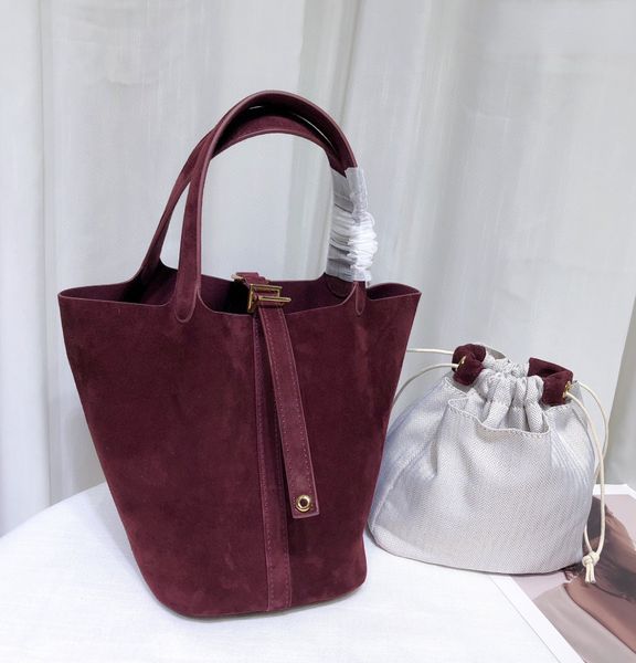 

Mirror 12A Top Quality Suede Leather Basket Totes Bag Brand Designer Small Shopping Purses And Handbags New Classic Casual Handbag, Burgundy