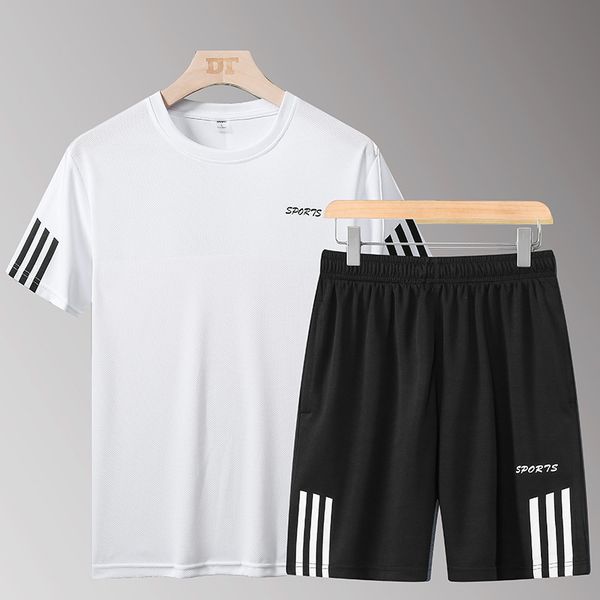 

2023 men's short sleeve t-shirt summer fashion relaxed large casual ice silk sports set running fitness clothes, Gray