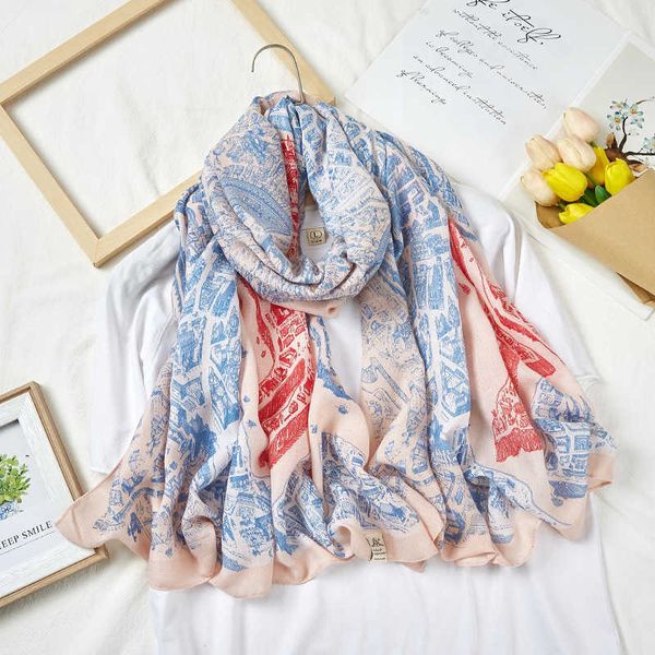 

sarongs autumn new cotton and linen scarf horse city pink blue silk scarf 180*90 long scarf decorative thin shawl p230403, Blue;gray