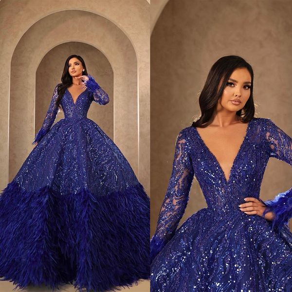 

glamorous ball gown prom dresses deep v-neck applicant belt feathers beads floor length custom made party dress vestido de noite, Black