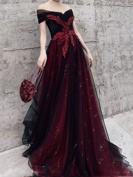 

burgundy with black evening dress off the shoulder lace-up back sweep train prom gowns shining fabric, Black;red
